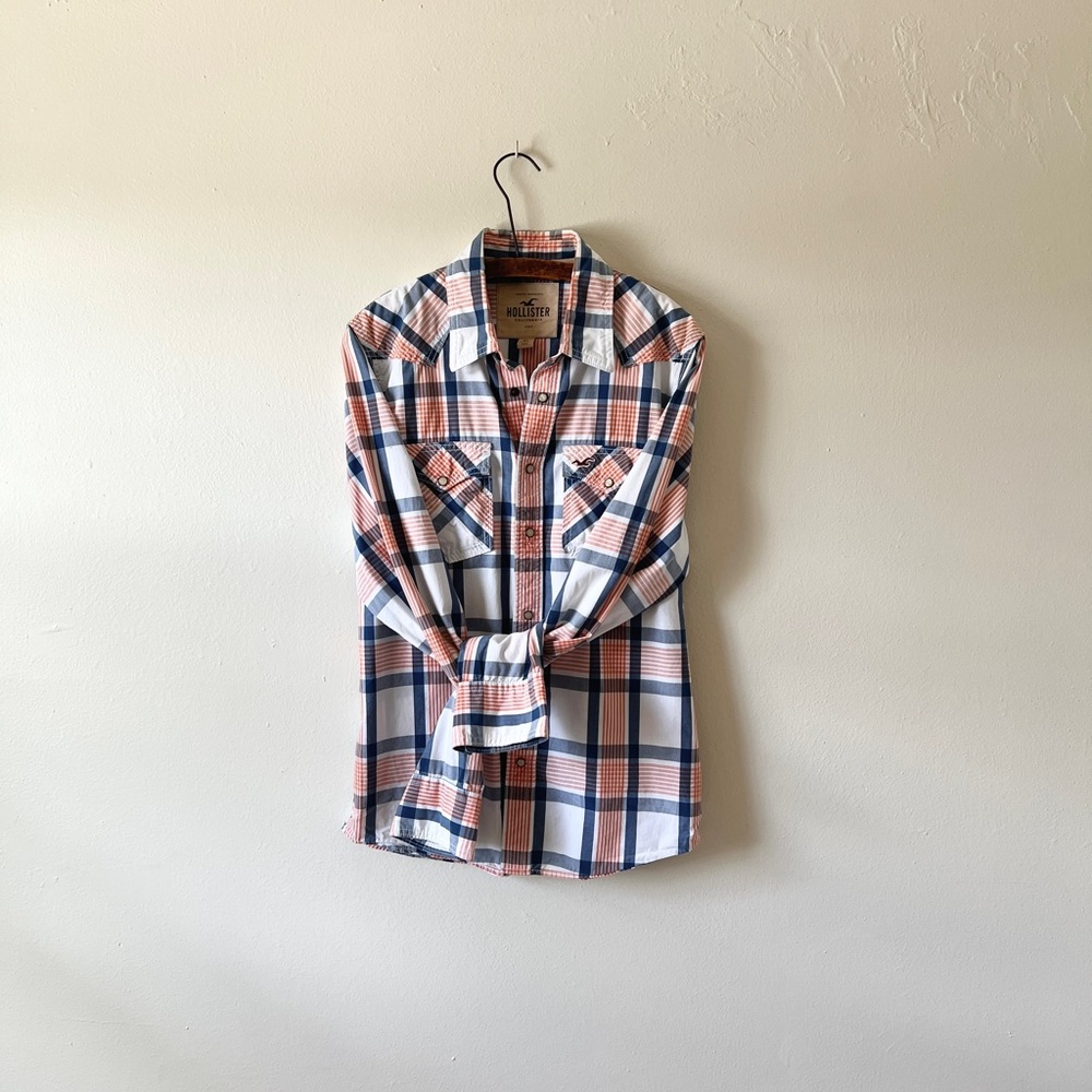 Vintage Hollister XL Snap Up Western Style Navy Blue Check Long Sleeve Spring